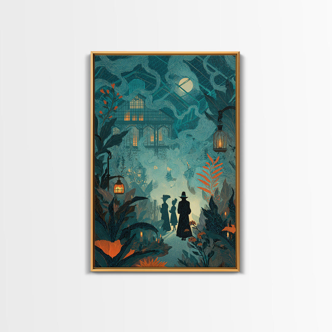 The Witch Queen Greenhouse - Procession Scene, Macabre Halloween Art, Vertical Wall Art, Framed Canvas Print, Halloween Home Decor