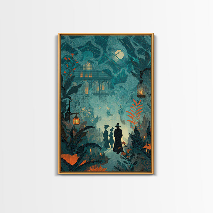 The Witch Queen Greenhouse - Procession Scene, Macabre Halloween Art, Vertical Wall Art, Framed Canvas Print, Halloween Home Decor