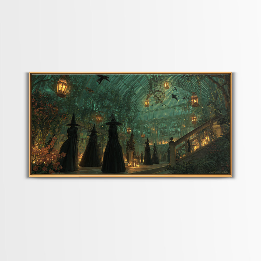 The Witch Queen Greenhouse - Procession Scene, Spooky Wall Decor, Wide Panoramic Art, Framed Canvas Print, Halloween Home Decor
