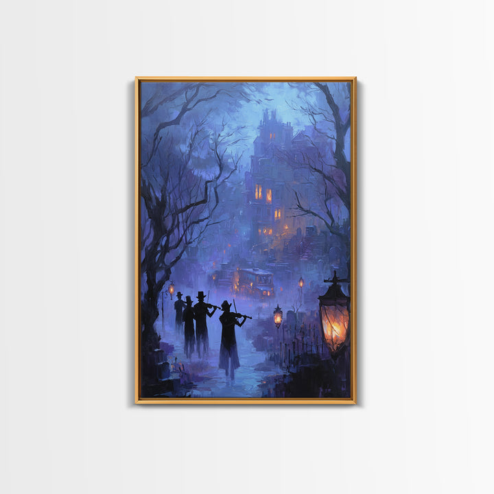 The Ghostly Violin Procession - Environmental Panorama, Spooky Wall Decor, Vertical Wall Art, Framed Canvas Print, Halloween Home Decor