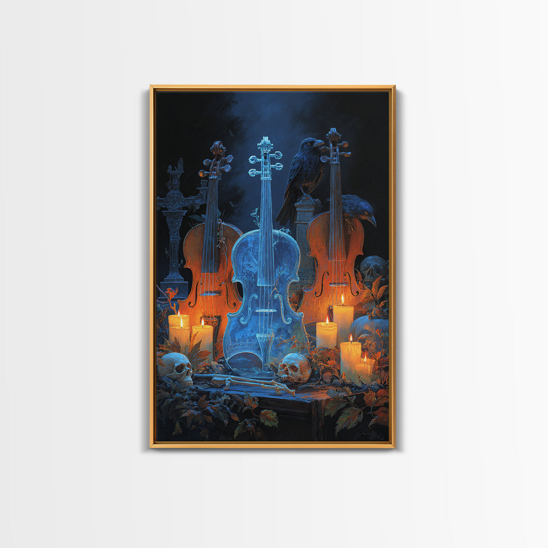 The Ghostly Violin Procession - Occult Still Life, Halloween Wall Art, Vertical Wall Art, Framed Canvas Print, Halloween Home Decor