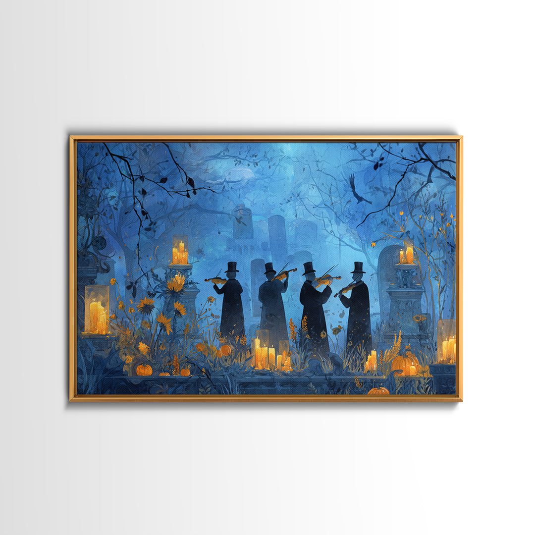 The Ghostly Violin Procession - Occult Still Life, Spooky Wall Decor, Landscape Wall Art, Framed Canvas Print, Halloween Home Decor