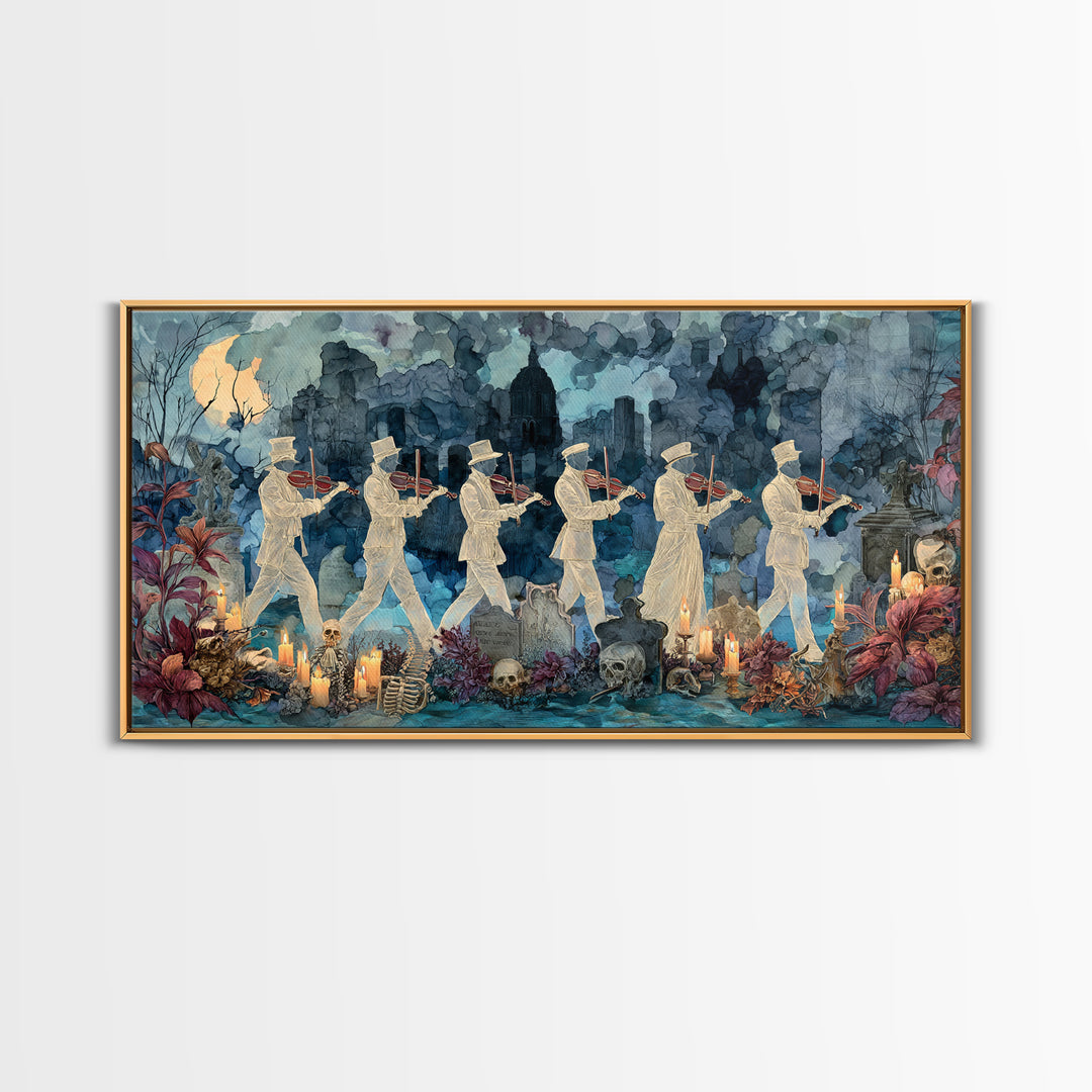 The Ghostly Violin Procession - Occult Still Life, Spooky Wall Decor, Wide Panoramic Art, Framed Canvas Print, Halloween Home Decor