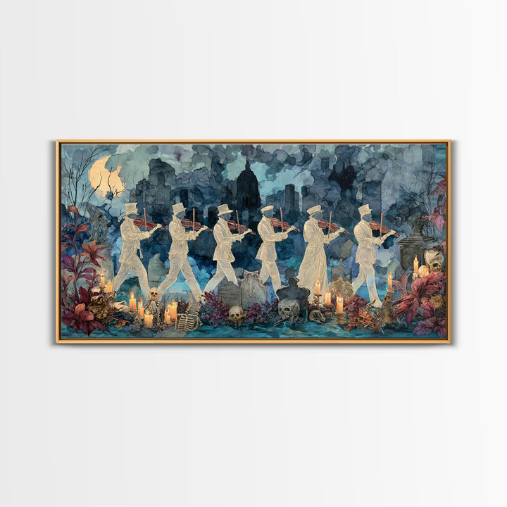 The Ghostly Violin Procession - Occult Still Life, Spooky Wall Decor, Wide Panoramic Art, Framed Canvas Print, Halloween Home Decor