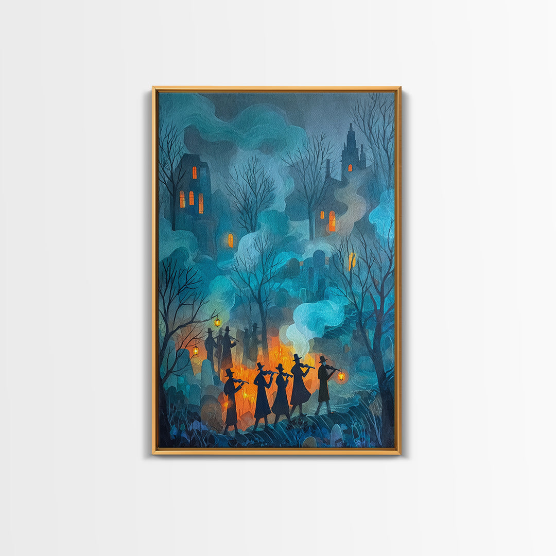 The Ghostly Violin Procession - Procession Scene, Macabre Halloween Art, Vertical Wall Art, Framed Canvas Print, Halloween Home Decor