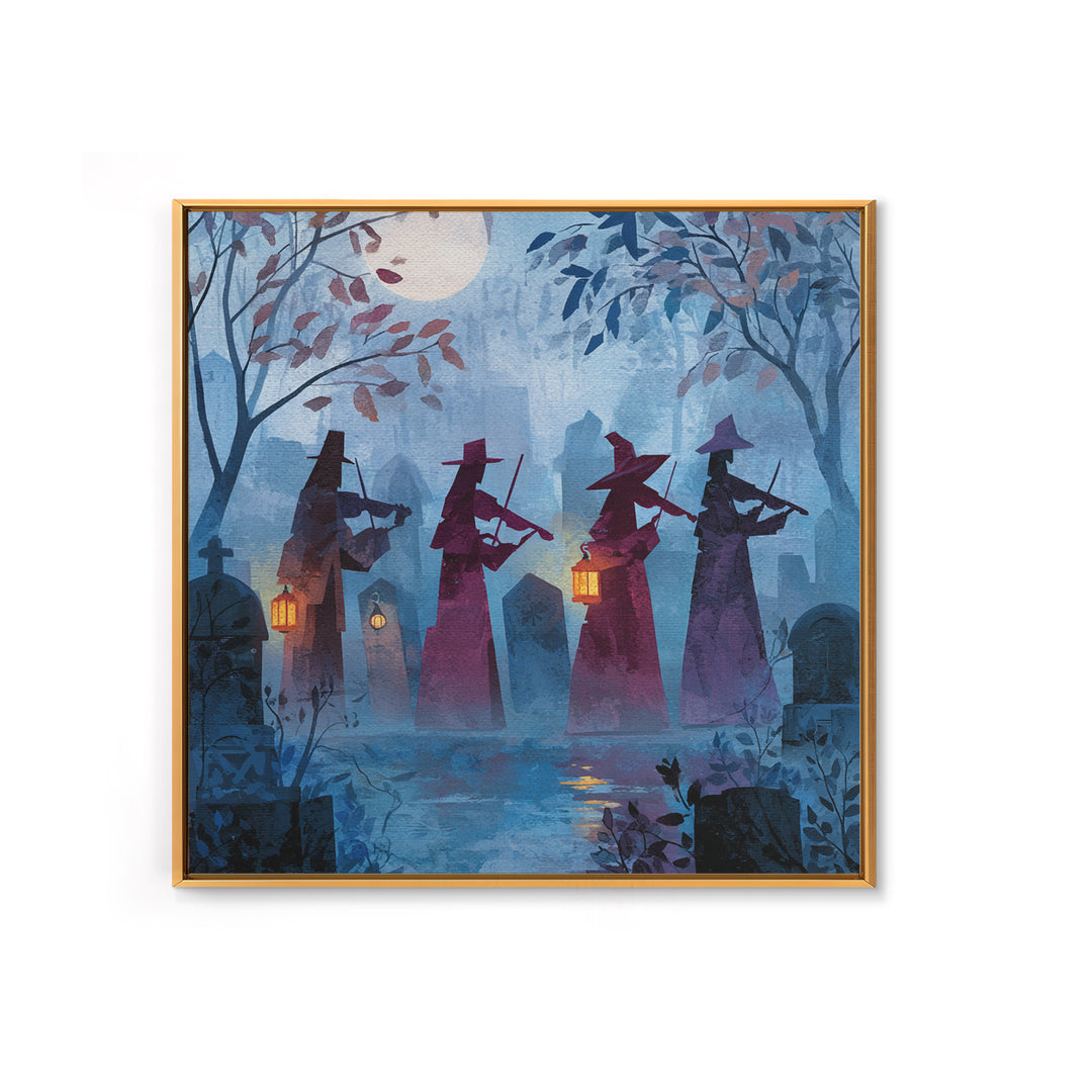 The Ghostly Violin Procession - Procession Scene, Macabre Halloween Art, Square Wall Art, Framed Canvas Print, Halloween Home Decor