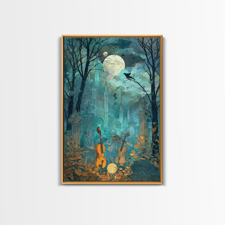 The Ghostly Violin Procession - Surreal Celestial Vision, Occult Wall Decor, Vertical Wall Art, Canvas Print, Halloween Home Decor