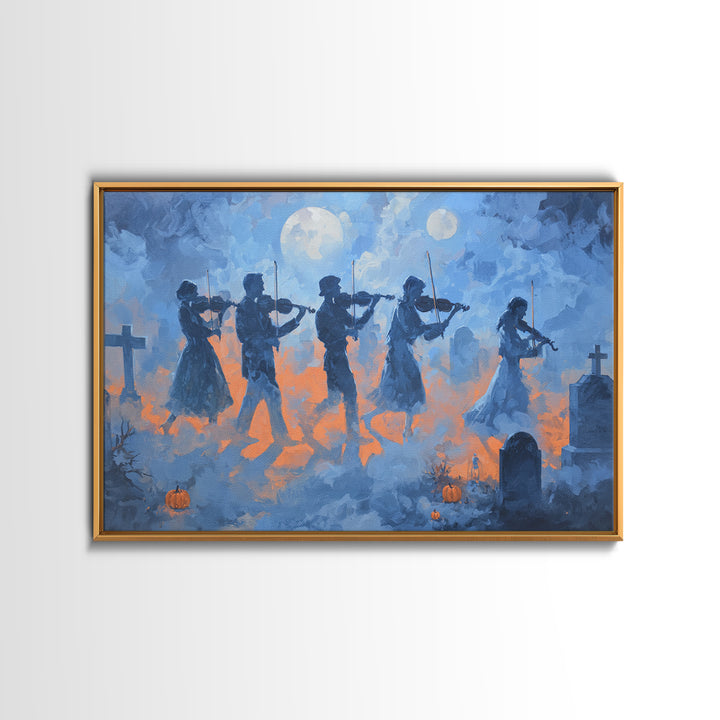 The Ghostly Violin Procession - Surreal Celestial Vision, Macabre Halloween Art, Landscape Wall Art, Framed Canvas Print, Gothic Wall Art