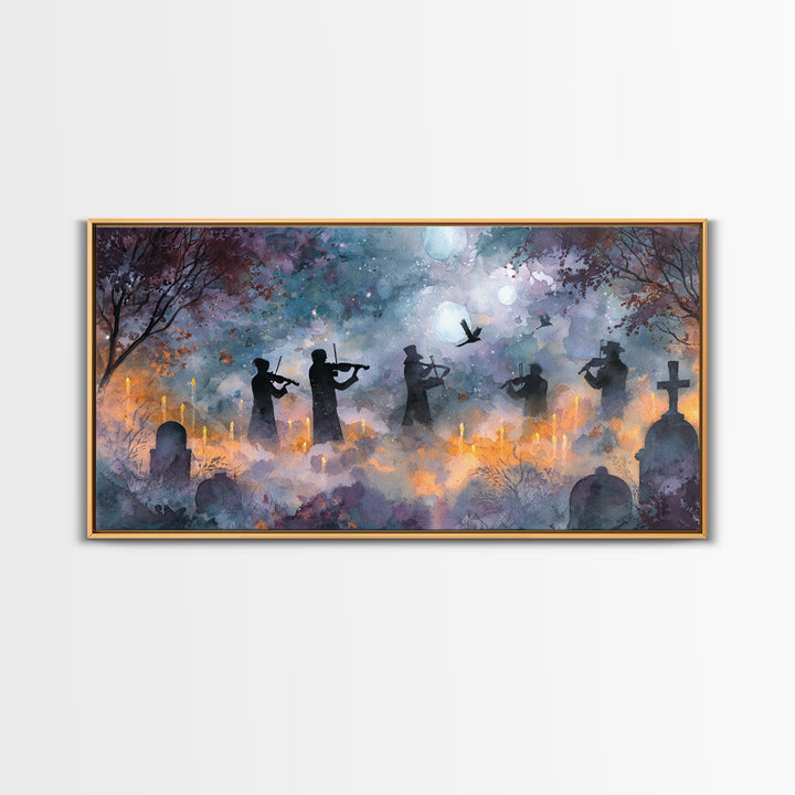 The Ghostly Violin Procession - Surreal Celestial Vision, Gothic Home Decor, Wide Panoramic Art, Canvas Print, Halloween Home Decor