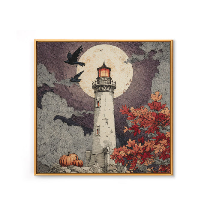The Pumpkin Moon Lighthouse - Icon Portrait, Occult Wall Decor, Square Wall Art, Canvas Print, Halloween Home Decor, Gothic Wall Art