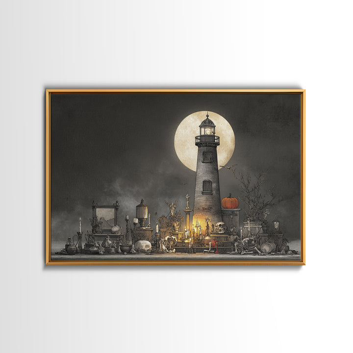 The Pumpkin Moon Lighthouse - Occult Still Life, Occult Wall Decor, Landscape Wall Art, Canvas Print, Halloween Home Decor, Gothic Wall Art