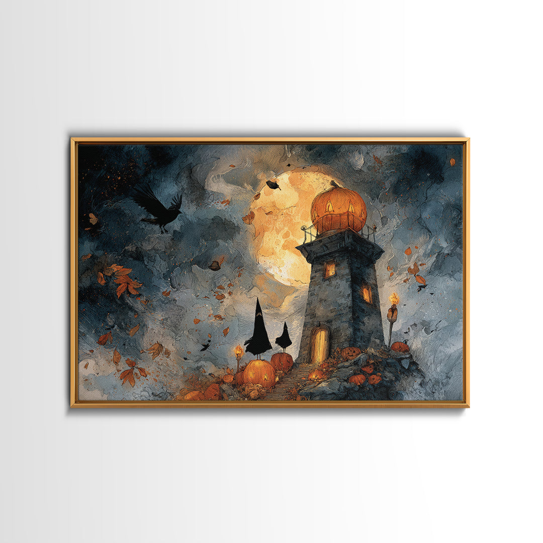 The Pumpkin Moon Lighthouse - Procession Scene, Dark Fantasy Wall Art, Landscape Wall Art, Canvas Print, Halloween Home Decor