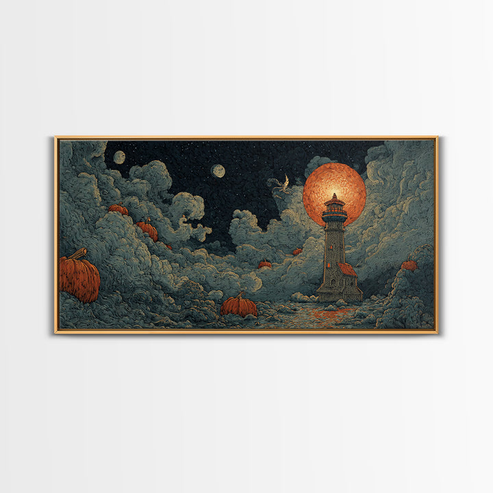 The Pumpkin Moon Lighthouse - Surreal Celestial Vision, Dark Fantasy Wall Art, Wide Panoramic Art, Canvas Print, Halloween Home Decor