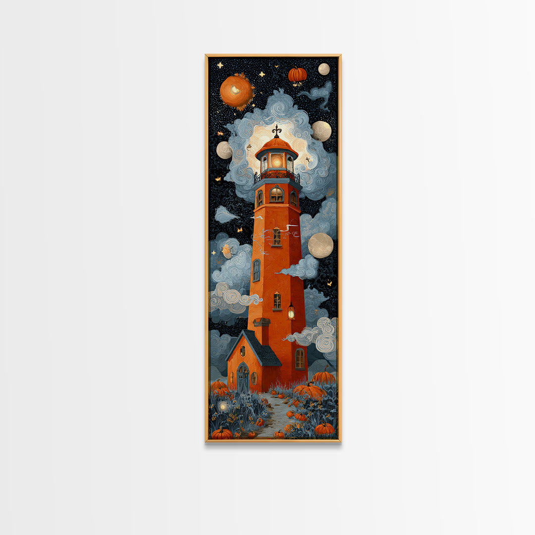 The Pumpkin Moon Lighthouse - Surreal Celestial Vision, Spooky Wall Decor, Tall Narrow Wall Art, Framed Canvas Print, Halloween Home Decor