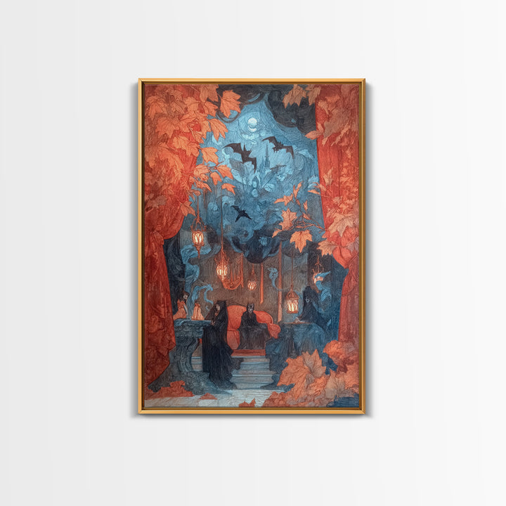 The Velvet Vampire Conservatory - Procession Scene, Occult Wall Decor, Vertical Wall Art, Canvas Print, Halloween Home Decor