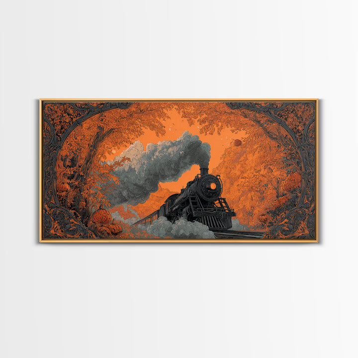 The Phantom Train Of October - Icon Portrait, Spooky Wall Decor, Wide Panoramic Art, Framed Canvas Print, Halloween Home Decor