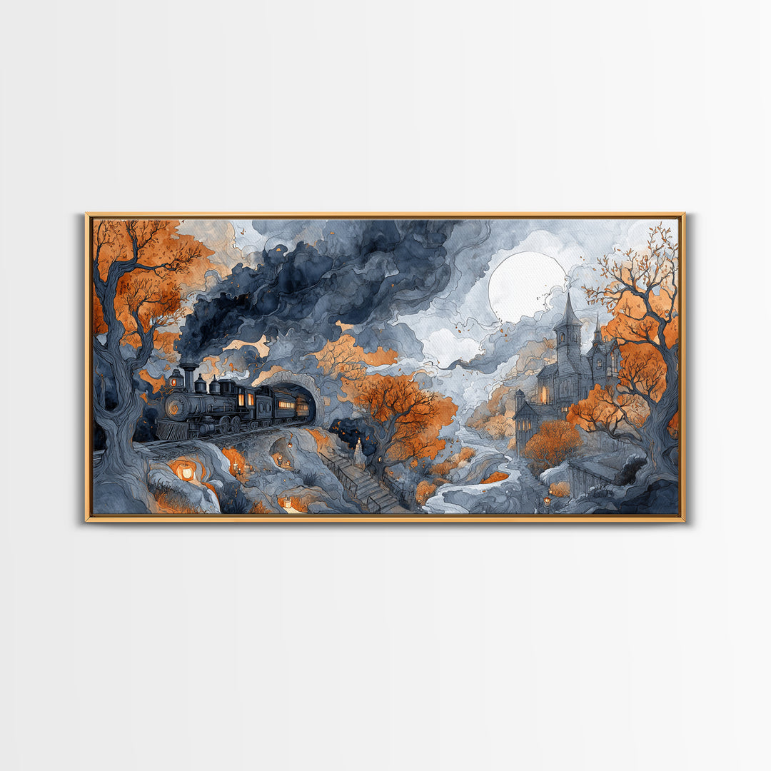 The Phantom Train Of October - Environmental Panorama, Dark Fantasy Wall Art, Wide Panoramic Art, Canvas Print, Halloween Home Decor