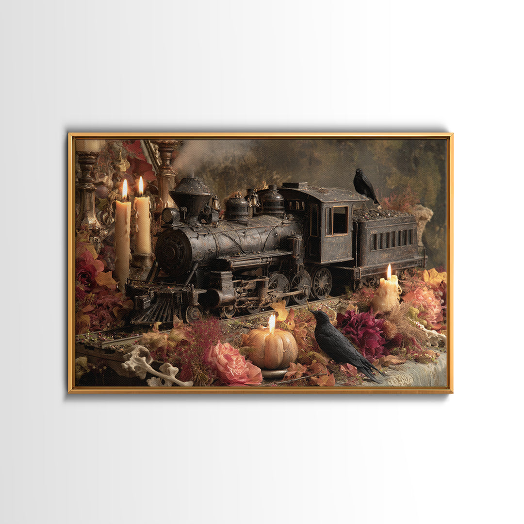 The Phantom Train Of October - Occult Still Life, Macabre Halloween Art, Landscape Wall Art, Framed Canvas Print, Halloween Home Decor