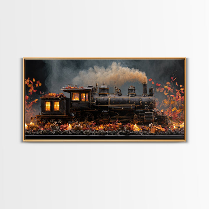 The Phantom Train Of October - Occult Still Life, Macabre Halloween Art, Wide Panoramic Art, Framed Canvas Print, Halloween Home Decor