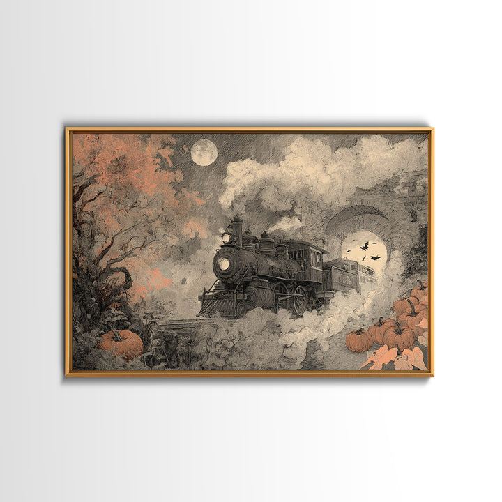 The Phantom Train Of October - Surreal Celestial Vision, Occult Wall Decor, Landscape Wall Art, Canvas Print, Halloween Home Decor