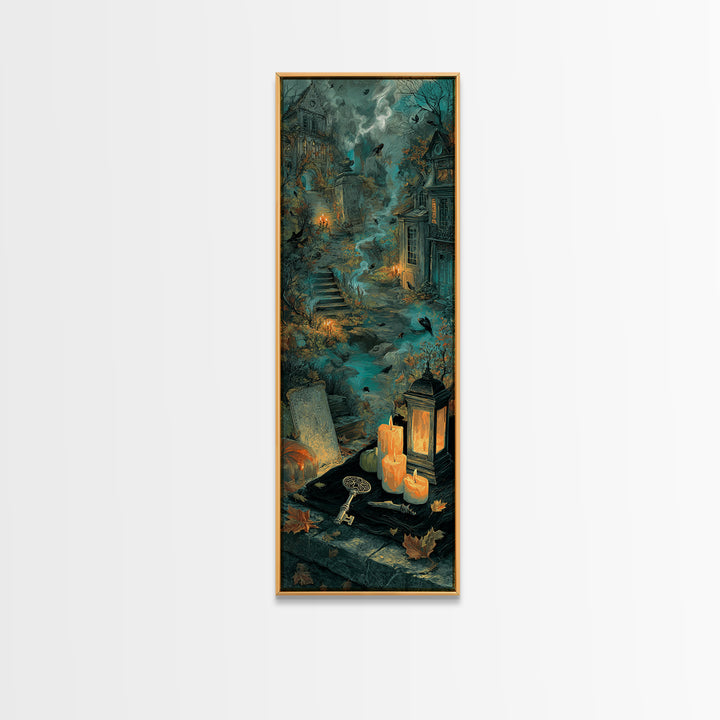 The Bone Key Still Life - Environmental Panorama, Spooky Wall Decor, Tall Narrow Wall Art, Framed Canvas Print, Halloween Home Decor