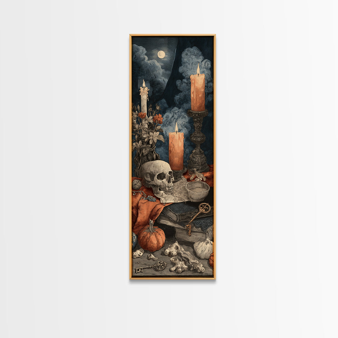 The Bone Key Still Life - Occult Still Life, Spooky Wall Decor, Tall Narrow Wall Art, Framed Canvas Print, Halloween Home Decor
