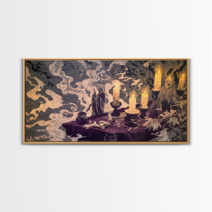 The Bone Key Still Life - Procession Scene, Spooky Wall Decor, Wide Panoramic Art, Framed Canvas Print, Halloween Home Decor