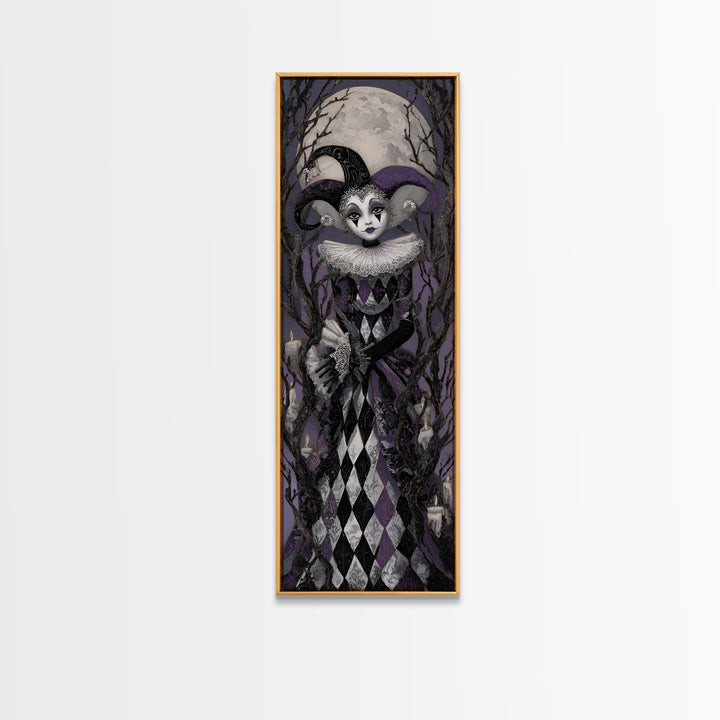 The Haunted Harlequin Doll - Icon Portrait, Halloween Wall Art, Tall Narrow Wall Art, Framed Canvas Print, Halloween Home Decor