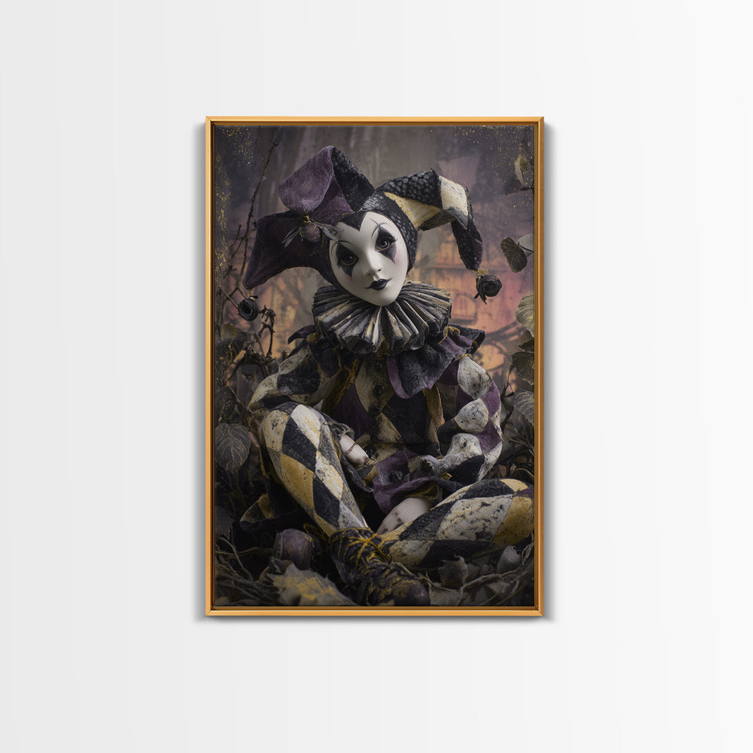 The Haunted Harlequin Doll - Environmental Panorama, Macabre Halloween Art, Vertical Wall Art, Framed Canvas Print, Halloween Home Decor