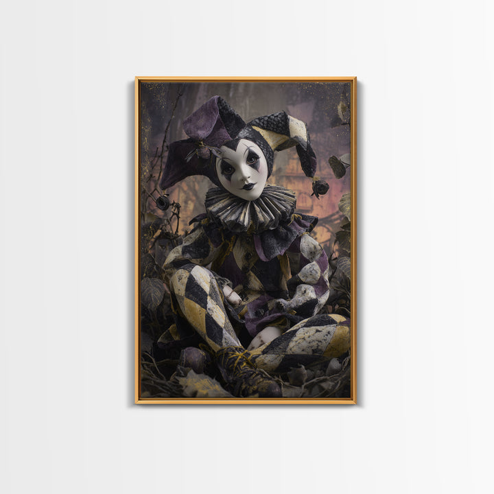 The Haunted Harlequin Doll - Environmental Panorama, Macabre Halloween Art, Vertical Wall Art, Framed Canvas Print, Halloween Home Decor