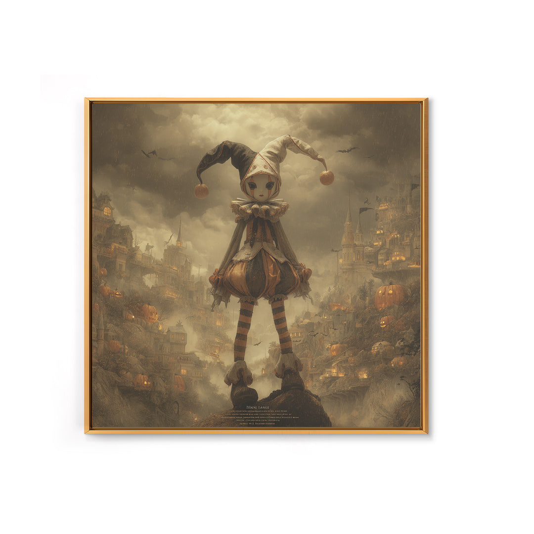 The Haunted Harlequin Doll - Environmental Panorama, Spooky Wall Decor, Square Wall Art, Framed Canvas Print, Halloween Home Decor