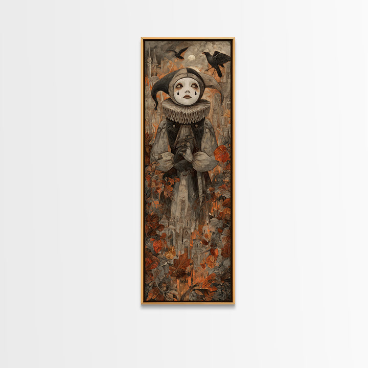 The Haunted Harlequin Doll - Environmental Panorama, Halloween Wall Art, Tall Narrow Wall Art, Framed Canvas Print, Halloween Home Decor