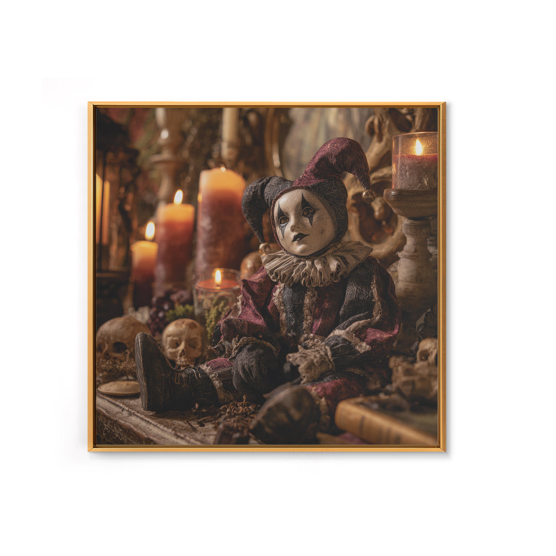 The Haunted Harlequin Doll - Occult Still Life, Spooky Wall Decor, Square Wall Art, Framed Canvas Print, Halloween Home Decor
