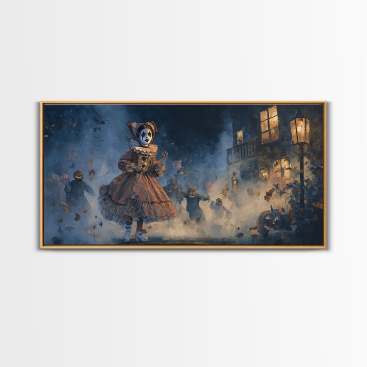 The Haunted Harlequin Doll - Procession Scene, Dark Fantasy Wall Art, Wide Panoramic Art, Canvas Print, Halloween Home Decor