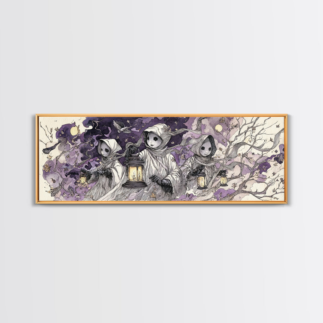 The Haunted Harlequin Doll - Procession Scene, Occult Wall Decor, Extra Wide Wall Art, Canvas Print, Halloween Home Decor, Gothic Wall Art