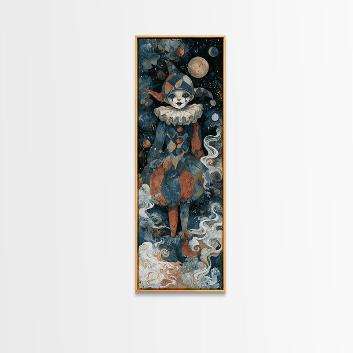 The Haunted Harlequin Doll - Surreal Celestial Vision, Dark Fantasy Wall Art, Tall Narrow Wall Art, Canvas Print, Halloween Home Decor