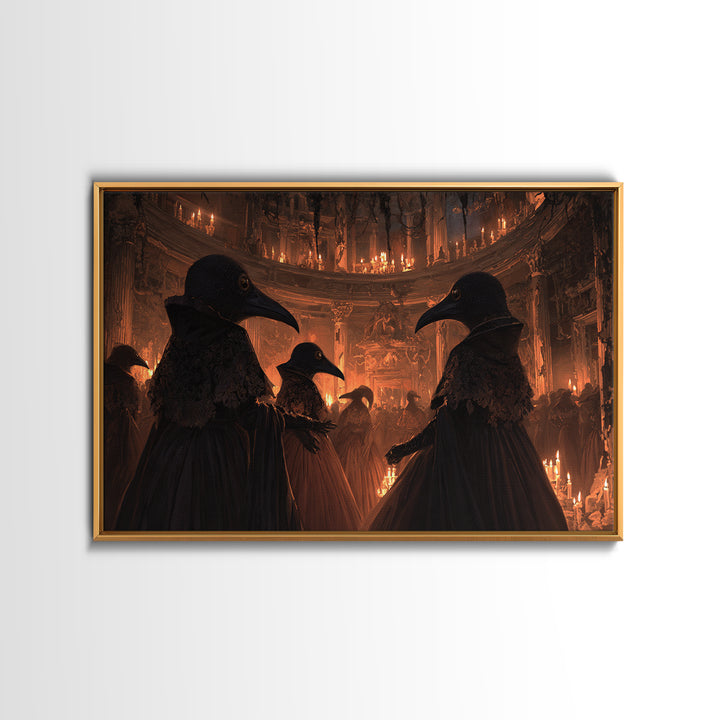 The Raven-Masked Ballroom - Icon Portrait, Macabre Halloween Art, Landscape Wall Art, Framed Canvas Print, Halloween Home Decor