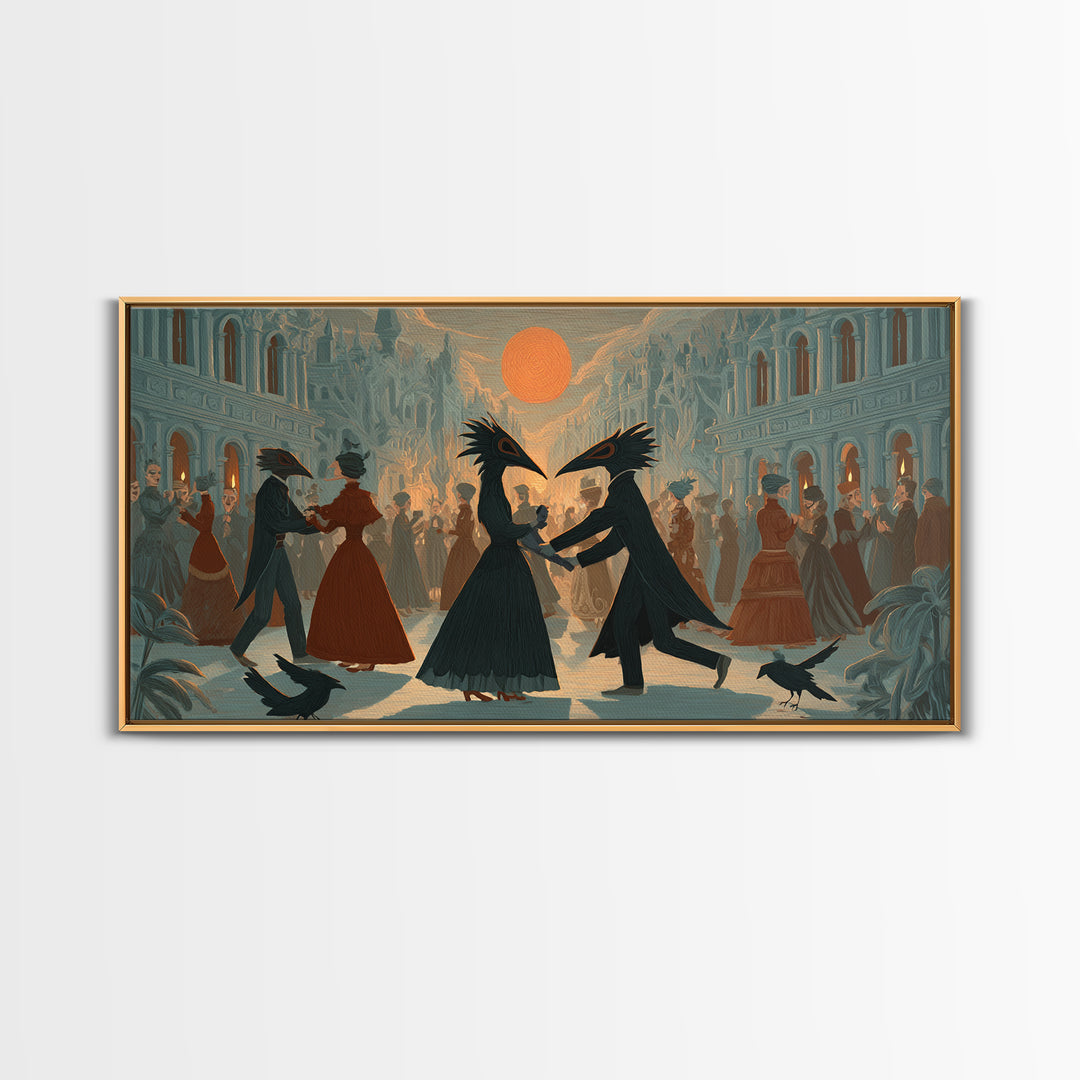 The Raven-Masked Ballroom - Environmental Panorama, Macabre Halloween Art, Wide Panoramic Art, Framed Canvas Print, Halloween Home Decor