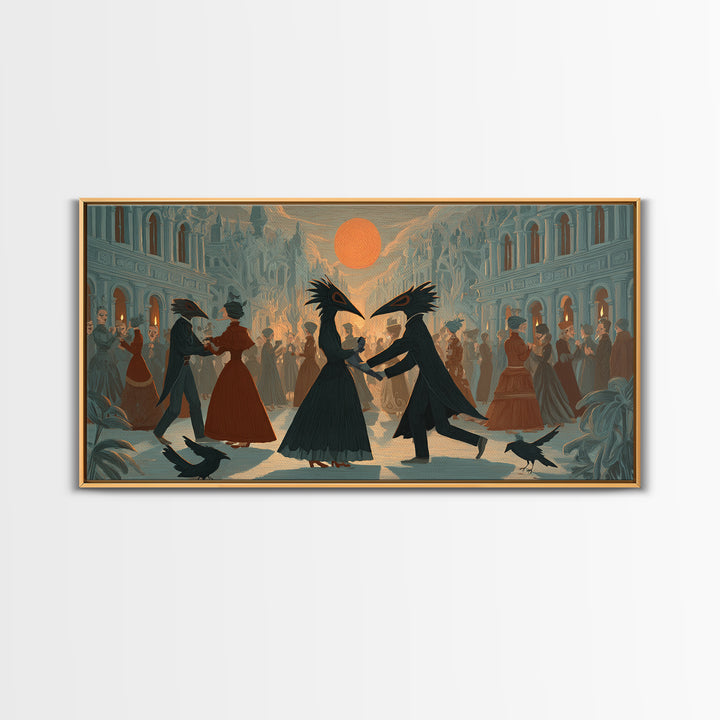 The Raven-Masked Ballroom - Environmental Panorama, Macabre Halloween Art, Wide Panoramic Art, Framed Canvas Print, Halloween Home Decor