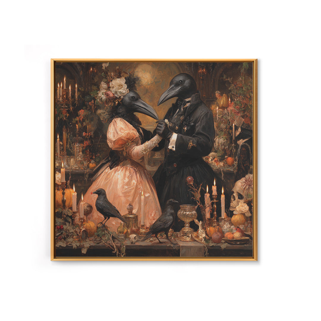 The Raven-Masked Ballroom - Occult Still Life, Spooky Wall Decor, Square Wall Art, Framed Canvas Print, Halloween Home Decor