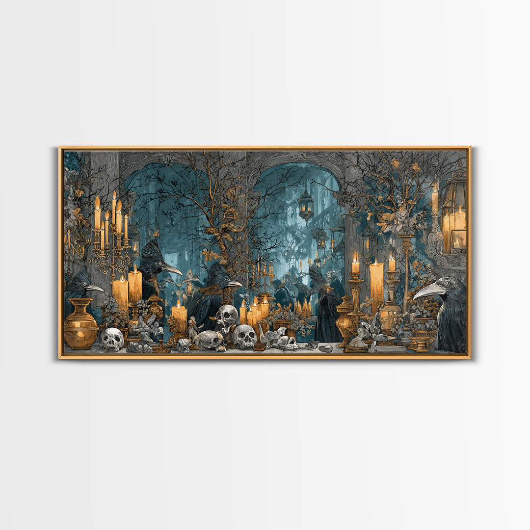 The Raven-Masked Ballroom - Occult Still Life, Halloween Wall Art, Wide Panoramic Art, Framed Canvas Print, Halloween Home Decor