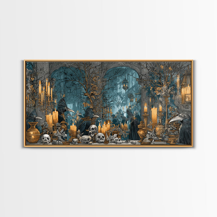 The Raven-Masked Ballroom - Occult Still Life, Halloween Wall Art, Wide Panoramic Art, Framed Canvas Print, Halloween Home Decor