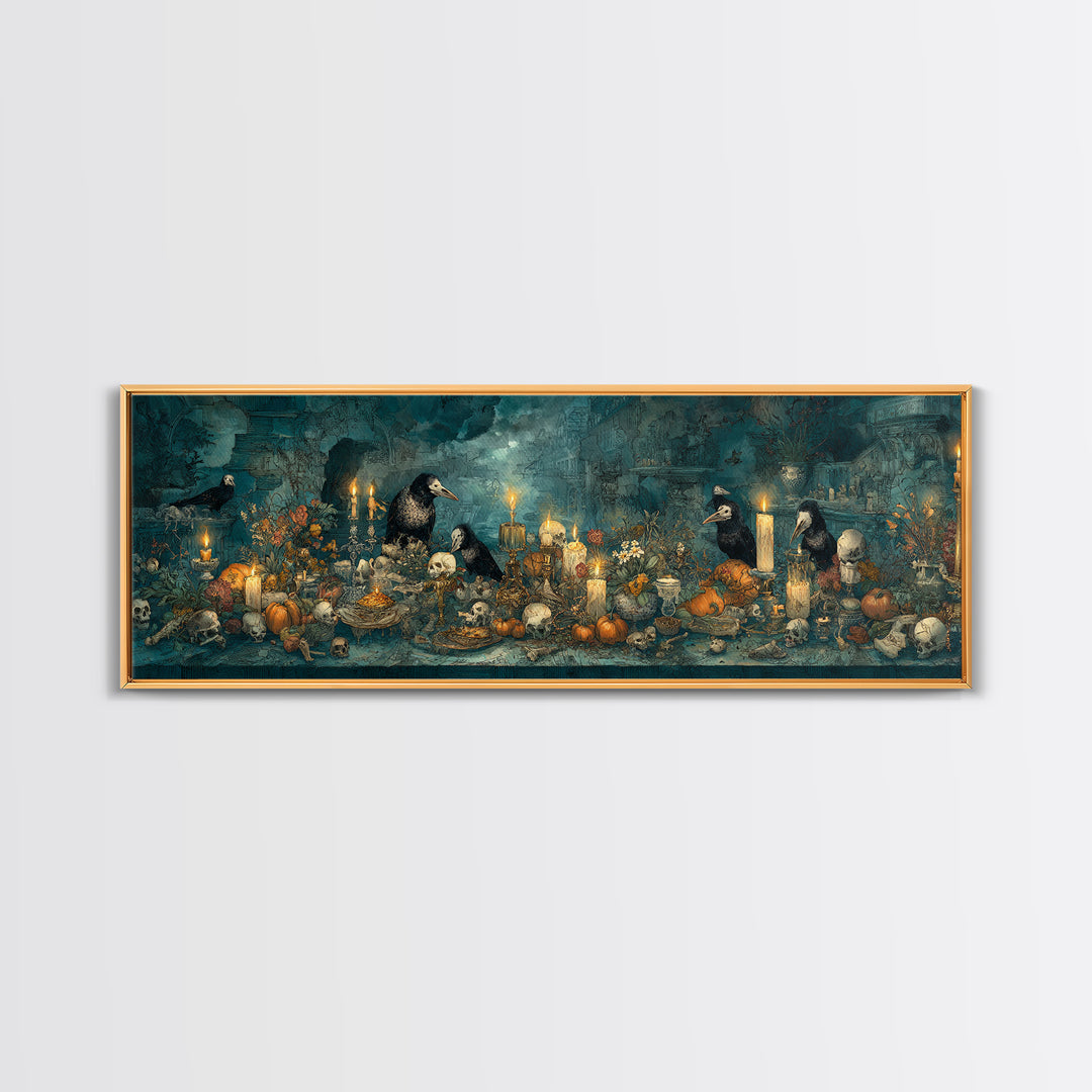 The Raven-Masked Ballroom - Occult Still Life, Halloween Wall Art, Extra Wide Wall Art, Framed Canvas Print, Halloween Home Decor
