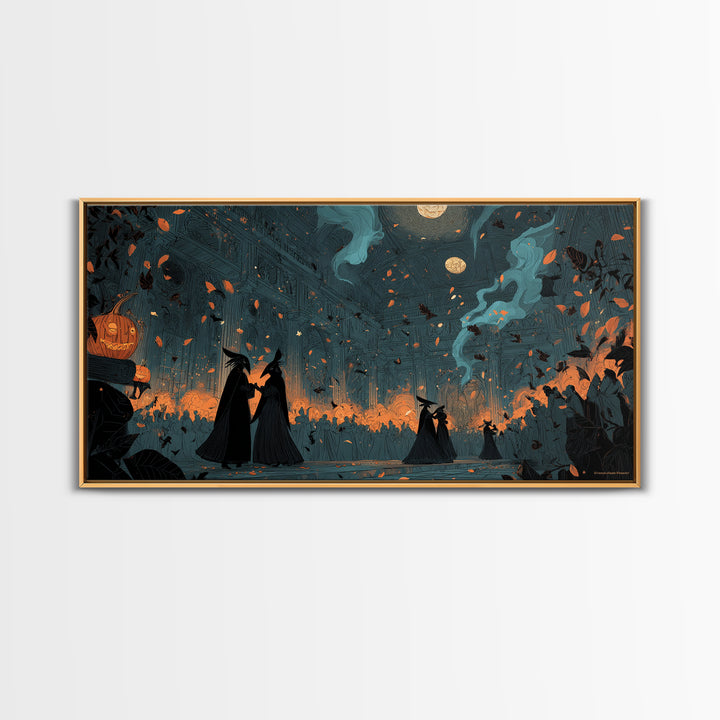 The Raven-Masked Ballroom - Procession Scene, Spooky Wall Decor, Wide Panoramic Art, Framed Canvas Print, Halloween Home Decor