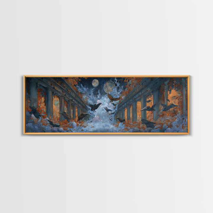 The Raven-Masked Ballroom - Surreal Celestial Vision, Dark Fantasy Wall Art, Extra Wide Wall Art, Canvas Print, Halloween Home Decor