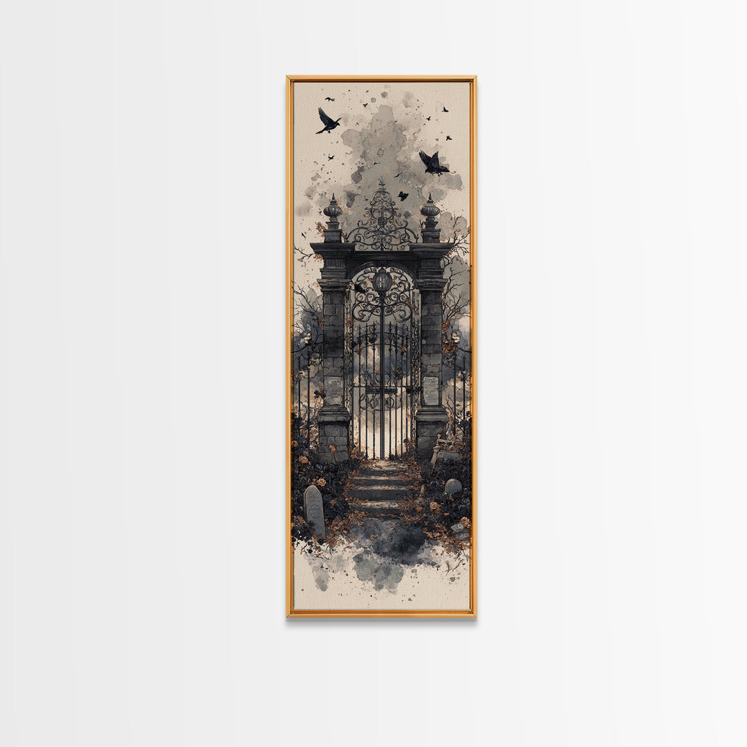 The Black Rose Cemetery Gate - Icon Portrait, Halloween Wall Art, Tall Narrow Wall Art, Framed Canvas Print, Halloween Home Decor