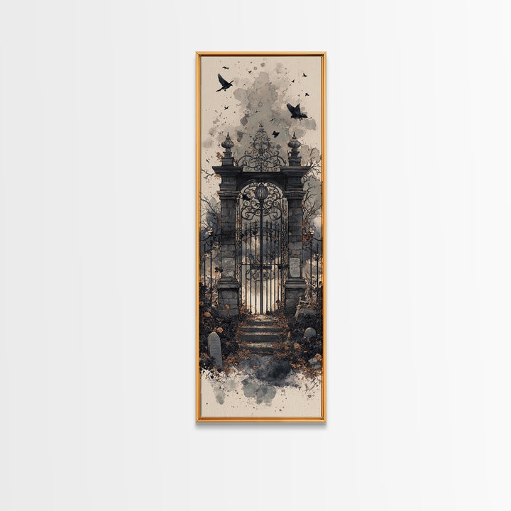 The Black Rose Cemetery Gate - Icon Portrait, Halloween Wall Art, Tall Narrow Wall Art, Framed Canvas Print, Halloween Home Decor