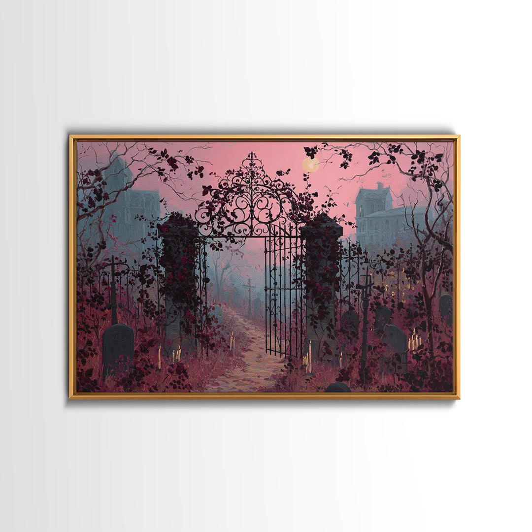 The Black Rose Cemetery Gate - Environmental Panorama, Macabre Halloween Art, Landscape Wall Art, Framed Canvas Print, Halloween Home Decor
