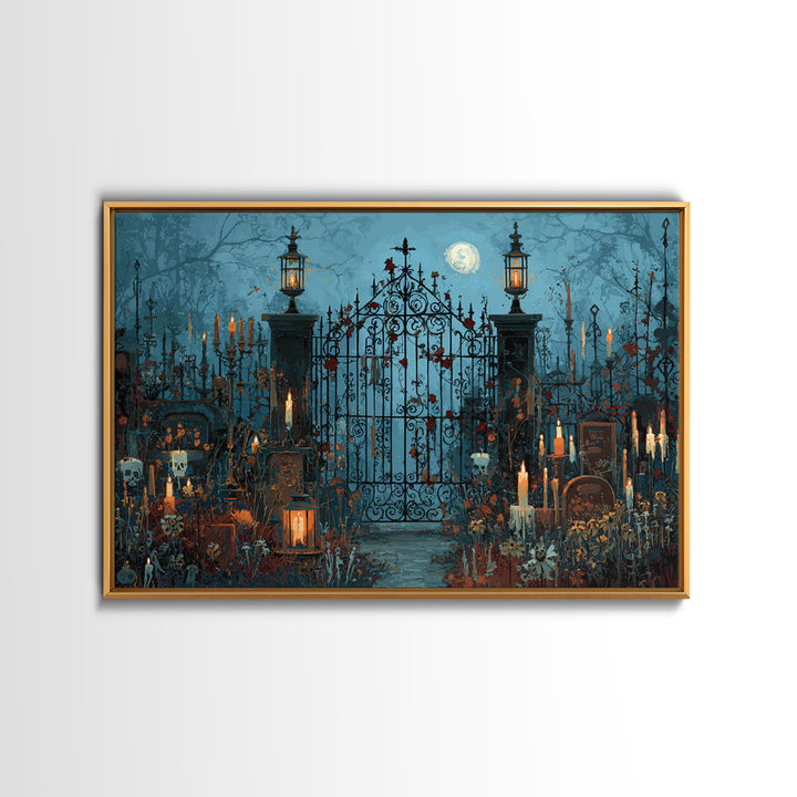 The Black Rose Cemetery Gate - Occult Still Life, Macabre Halloween Art, Landscape Wall Art, Framed Canvas Print, Halloween Home Decor