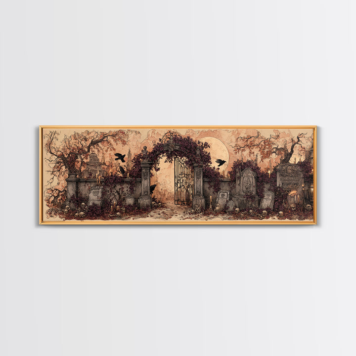 The Black Rose Cemetery Gate - Occult Still Life, Spooky Wall Decor, Extra Wide Wall Art, Framed Canvas Print, Halloween Home Decor